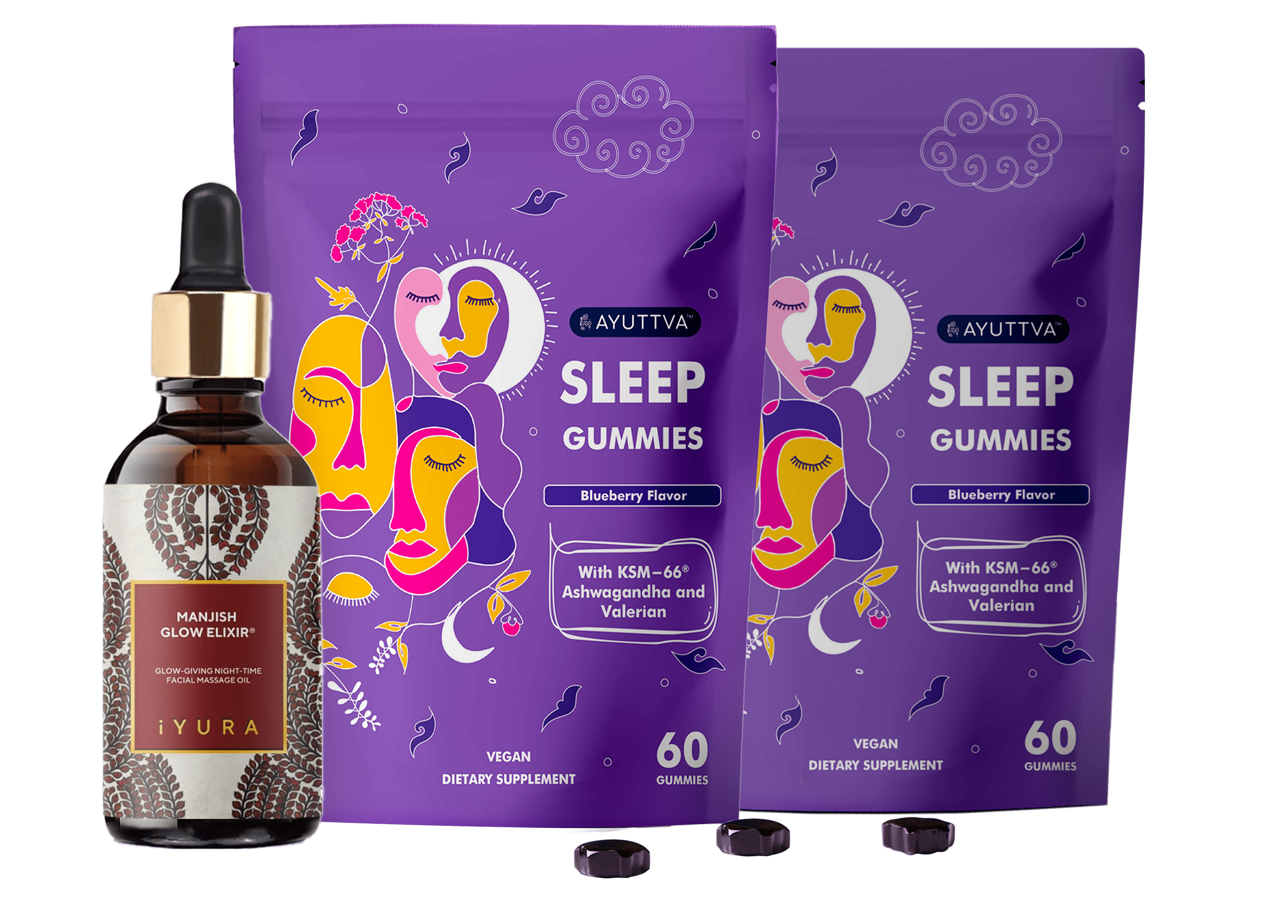 Nighttime Retreat Bundle for Women - Sleep gummies (Pack of 2) + Manjish Glow Elixir - Ayurvedic Night-Time Face Oil