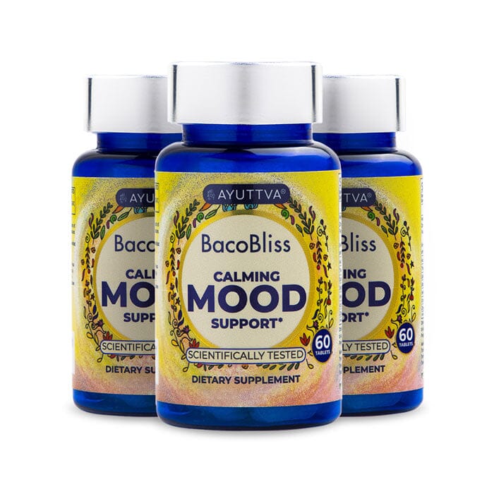 BacoBliss I Scientifically Tested Mood Support Formula I With 10+ powerful ingredients like Mucuna pruriens, Bacopa monnieri, 5-HTP and more for Calm, Relaxation and Occasional Stress Relief - Pack of 3